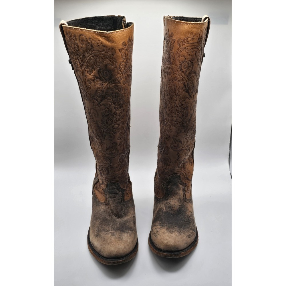 Liberty Black Boots Sz 8 Brown Leather Knee High Western Riding Tall Distressed - Picture 3 of 7